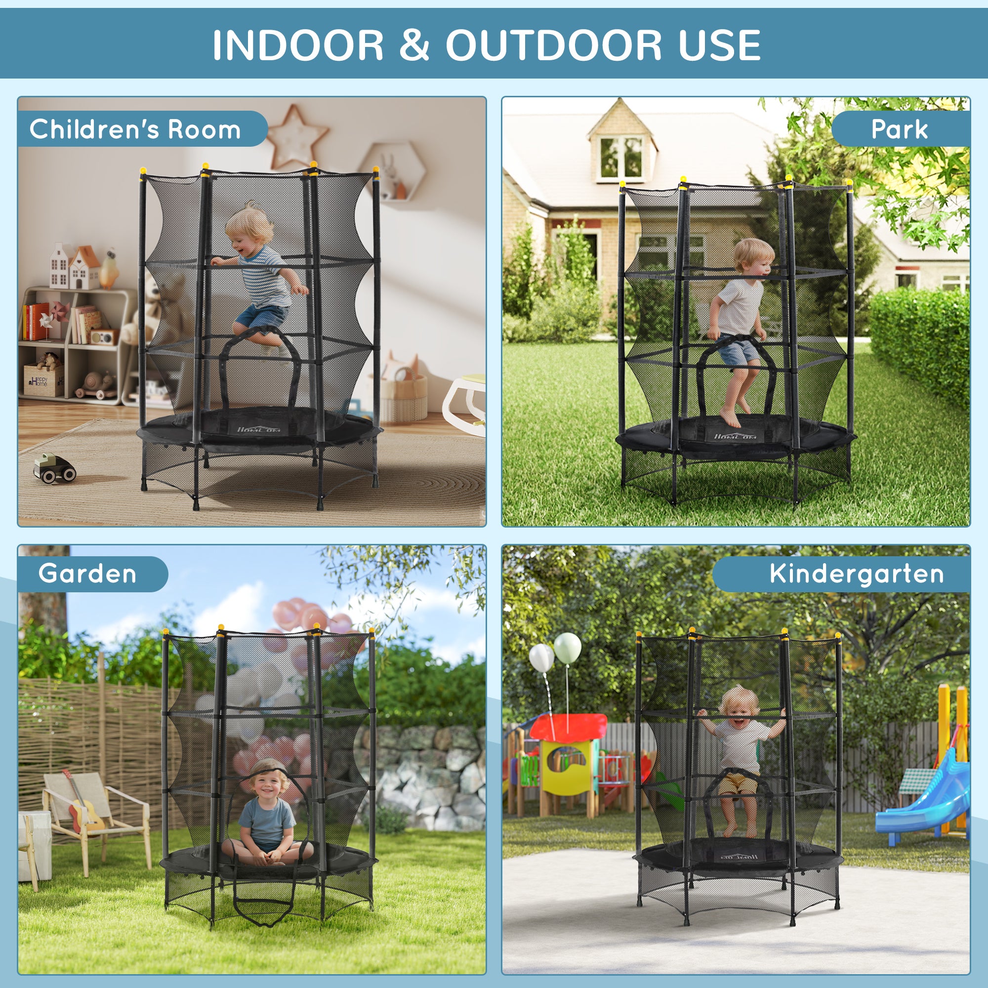 HOMCOM 4.6FT/55" Kids Trampoline with Safety Enclosure, Outdoor Indoor Use, for Ages 3-10 Years, Black