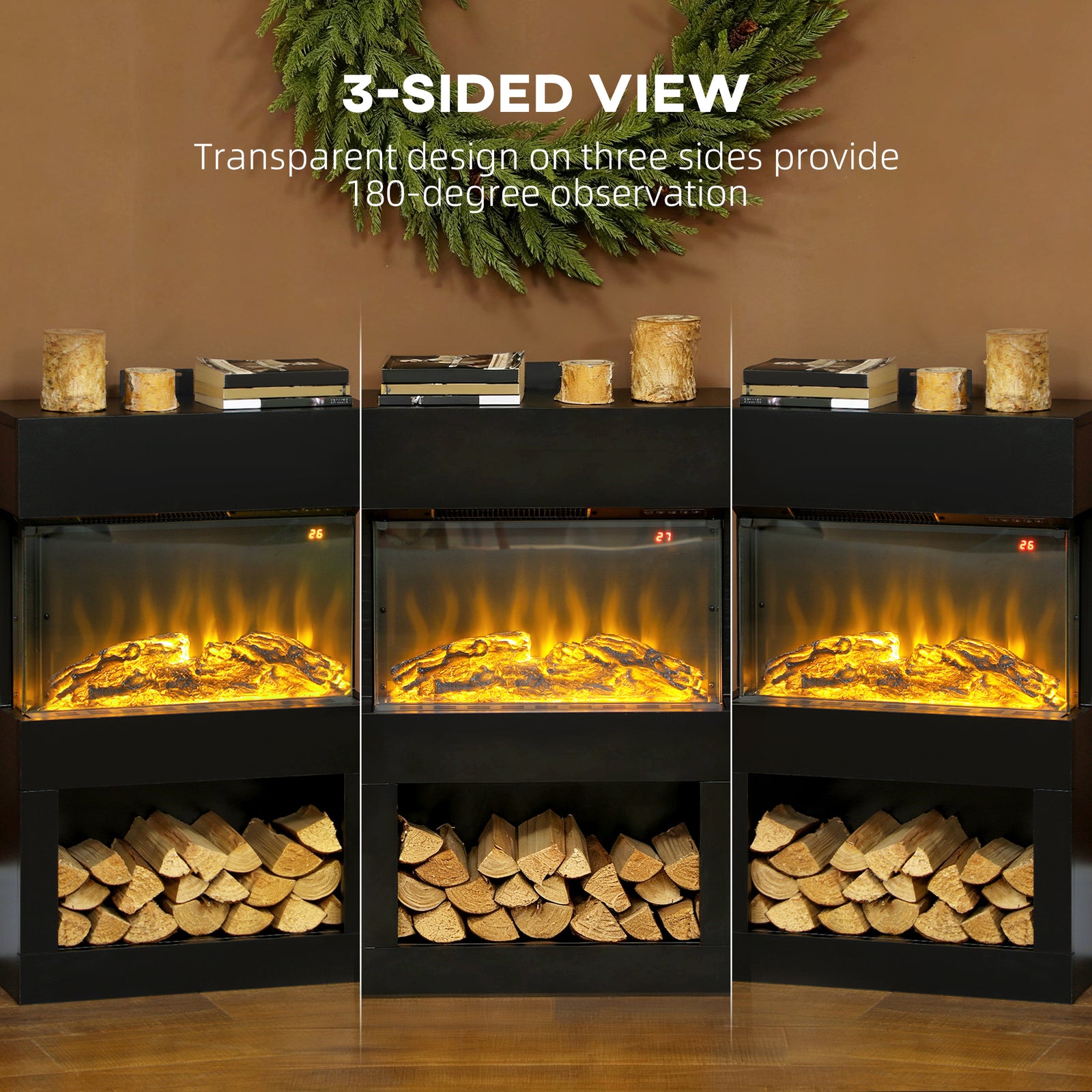 HOMCOM 19" Electric Fireplace with Surround, 3D Flame Effect, 6 Colours & 3 Brightness Levels, 1000W/2000W Black Electric Fire and Mantel Reach up to 30㎡ Space with Remote & Timer, 3 Sided View