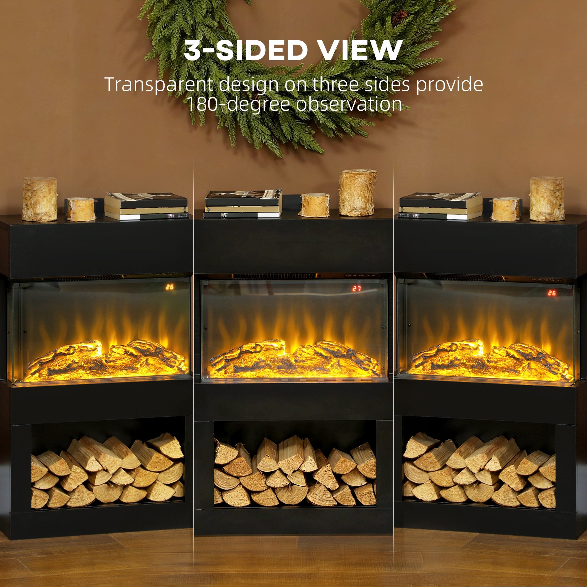 HOMCOM 19" Electric Fireplace with Surround, 3D Flame Effect, 6 Colours & 3 Brightness Levels, 1000W/2000W Black Electric Fire and Mantel Reach up to 30ãŽ¡ Space with Remote & Timer, 3 Sided View