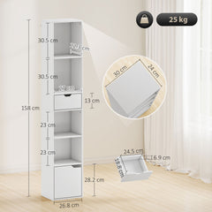 HOMCOM 6-Tier Bookcase, Tall Narrow Bookshelf with Drawer and Door - White