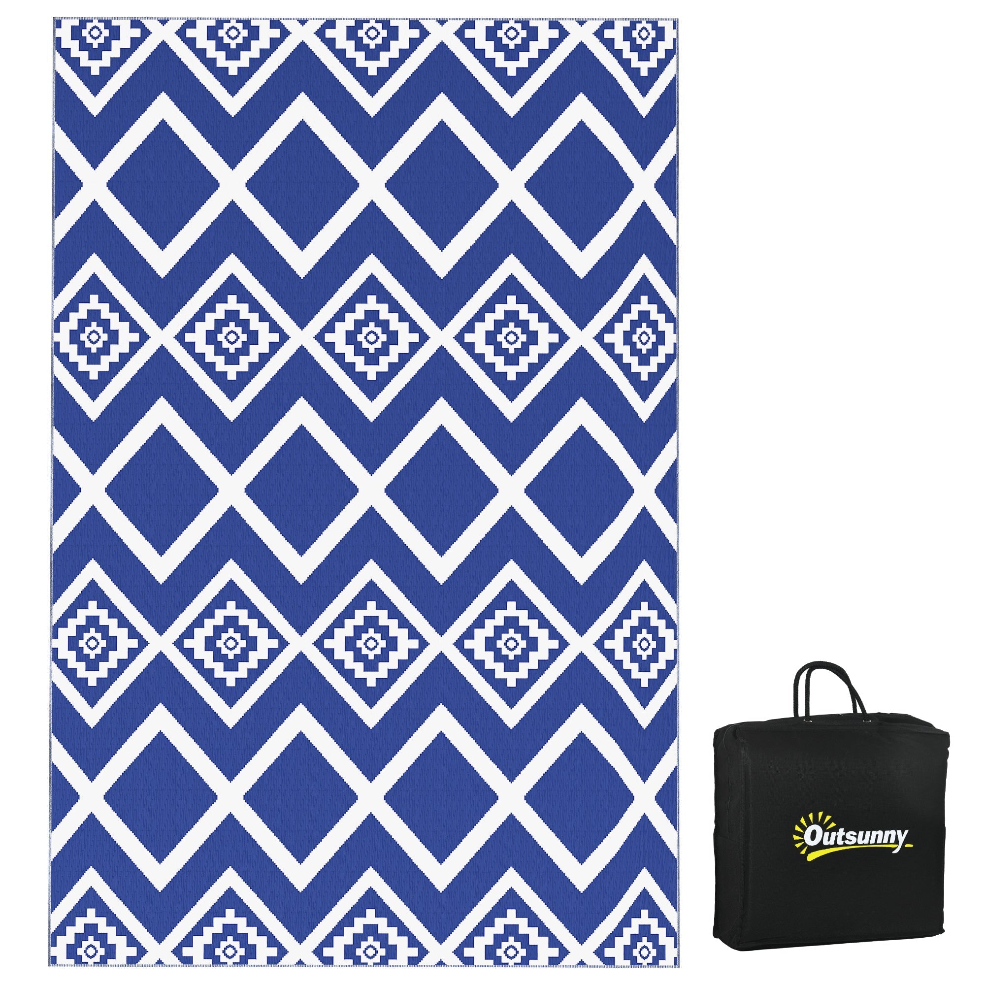 Outsunny Plastic Straw Reversible RV Outdoor Rug with Carry Bag, 182 x 274cm, Blue and White
