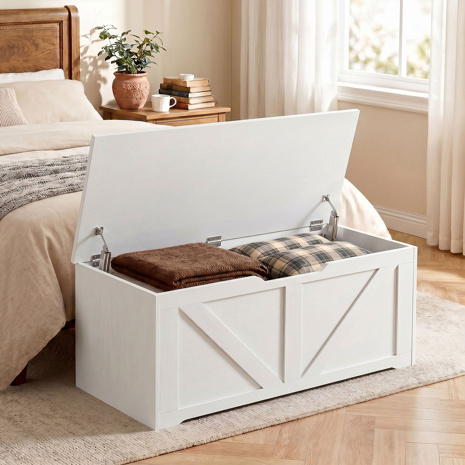 HOMCOM 127L Home Storage Box, with Safety Hinges - White Wood-Effect