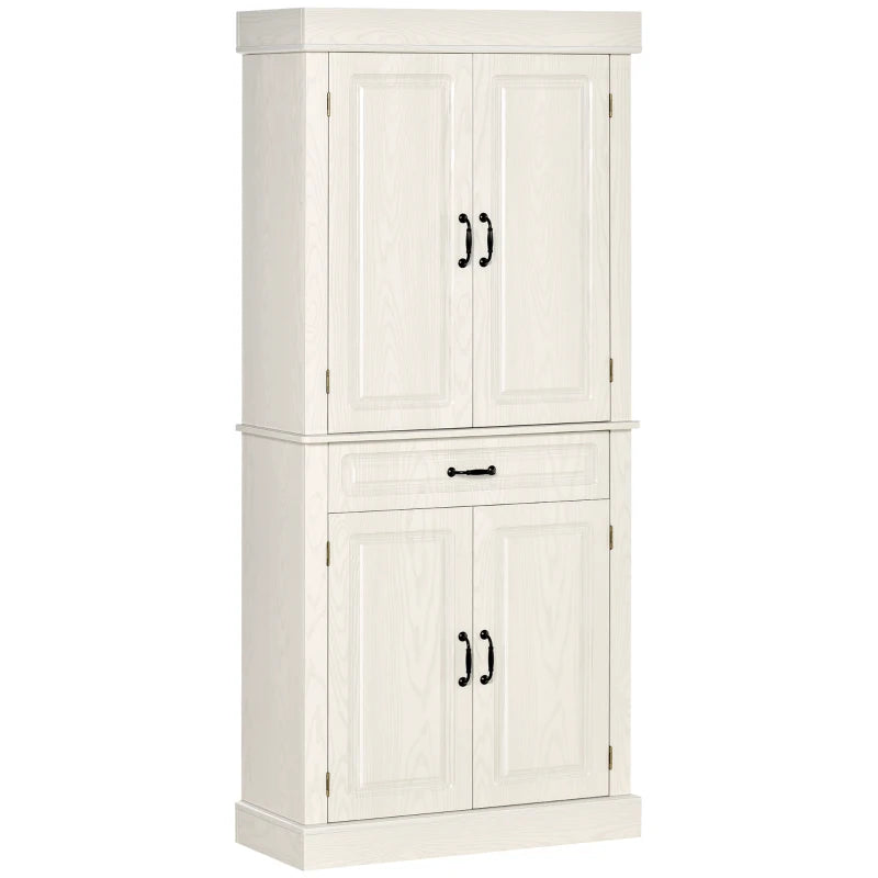 Kitchen Cupboard with 4 Doors, Wide Drawer and Shelves, 180cm, White Wood Grain