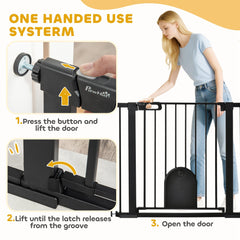 PawHut Dog Gate with Cat Flap Pet Safety Gate Barrier, Stair Pressure Fit, Auto Close, Double Locking, for Doorways, Hallways, 75-103 cm Black