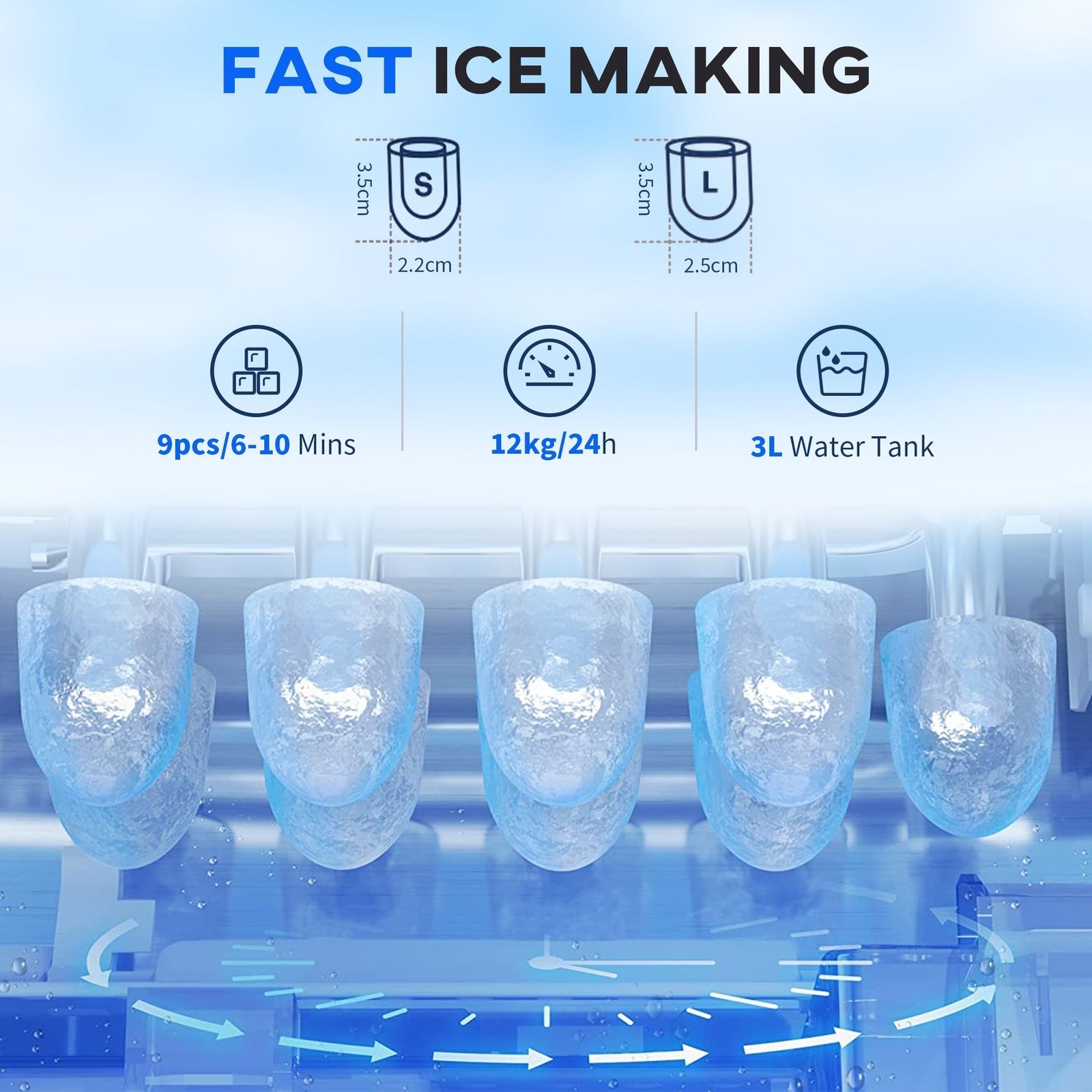 HOMCOM 3L Ice Maker Machine and Water Dispenser, 12kg in 24H, 2 Sizes 9 Ice Cubes Ready in 6-10 Mins Ice Machine, Silver