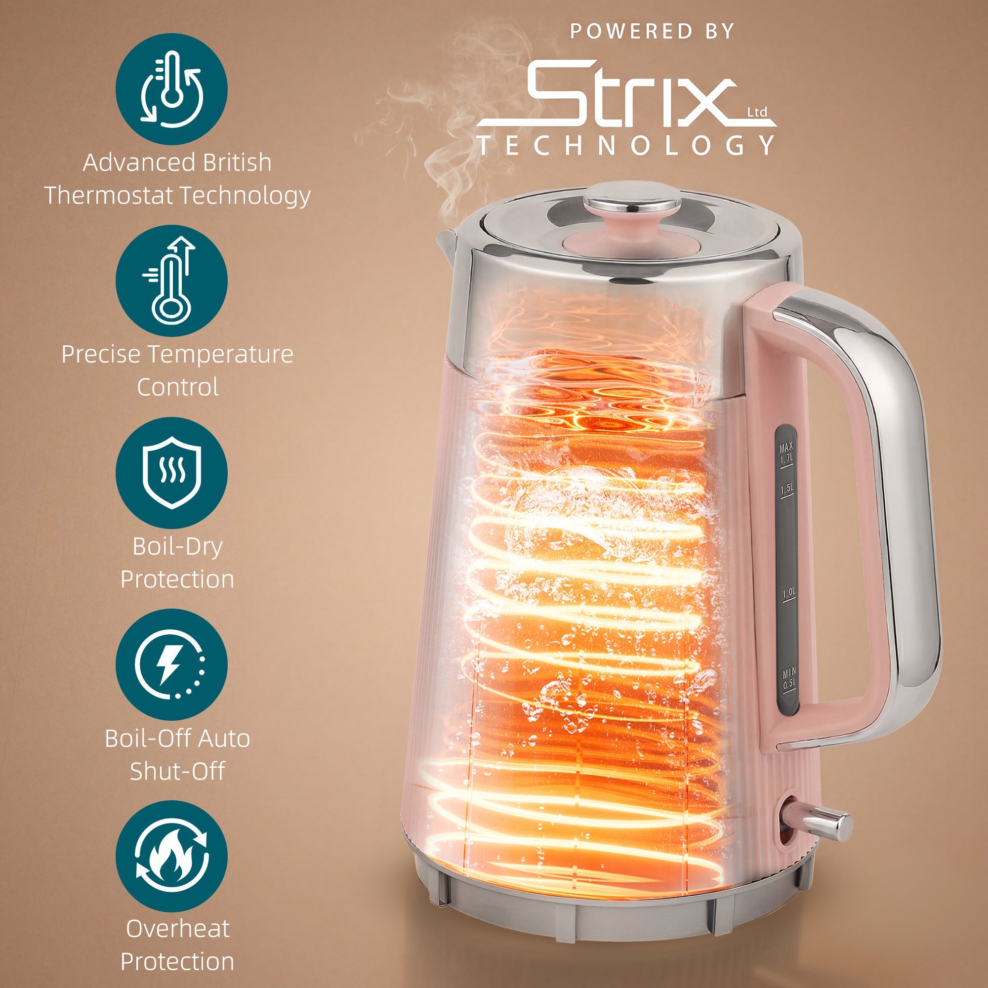 HOMCOM Electric Stainless Steel Kettle and Toaster Set, 3000W 1.7L UK Strix Thermostat Fast Boil Kettle Pink