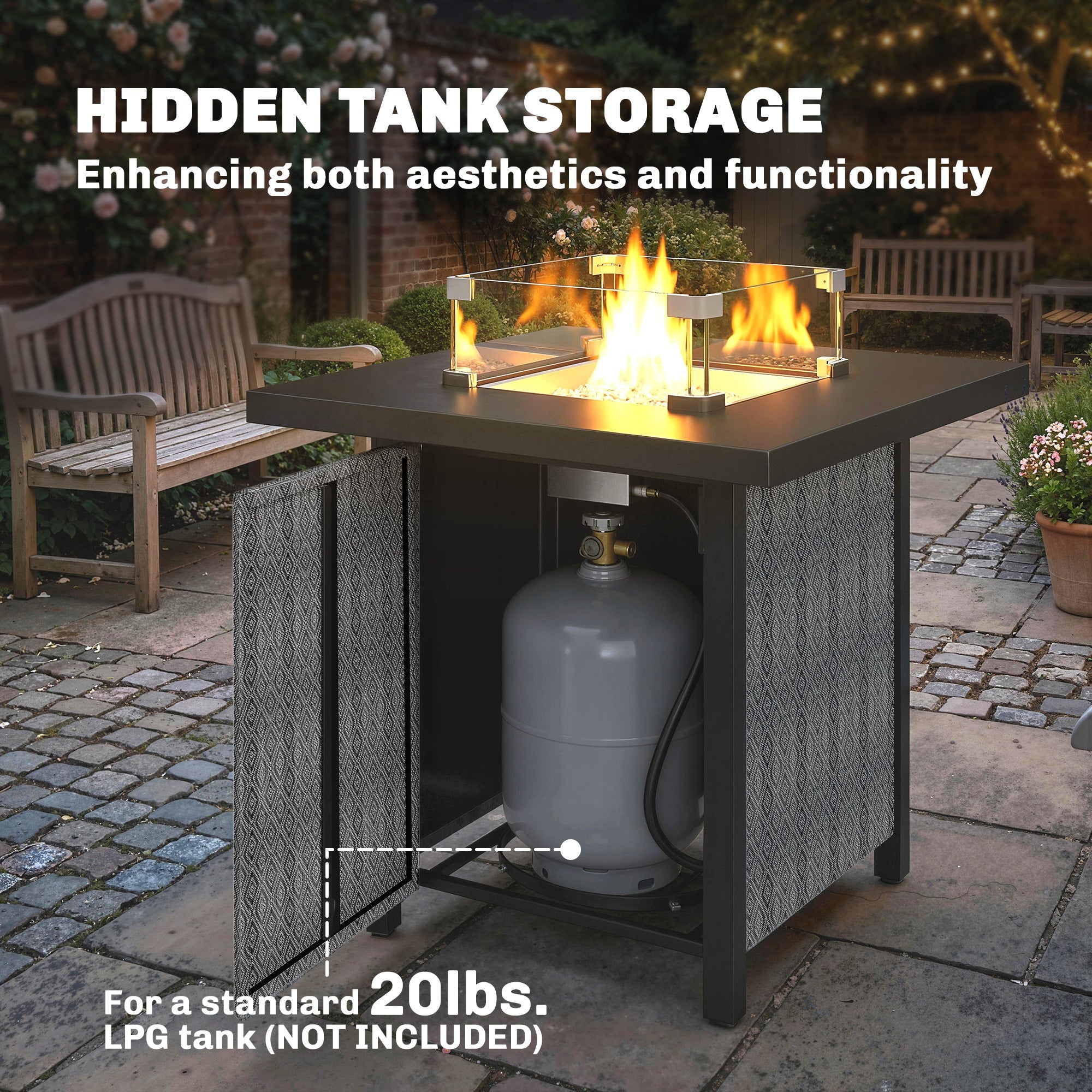 Outsunny Propane Gas Fire Pit Table for Garden, 11.7 KW Smokeless Firepit Outdoor Heater with Wind Guard, Glass Rocks, Lid, Black