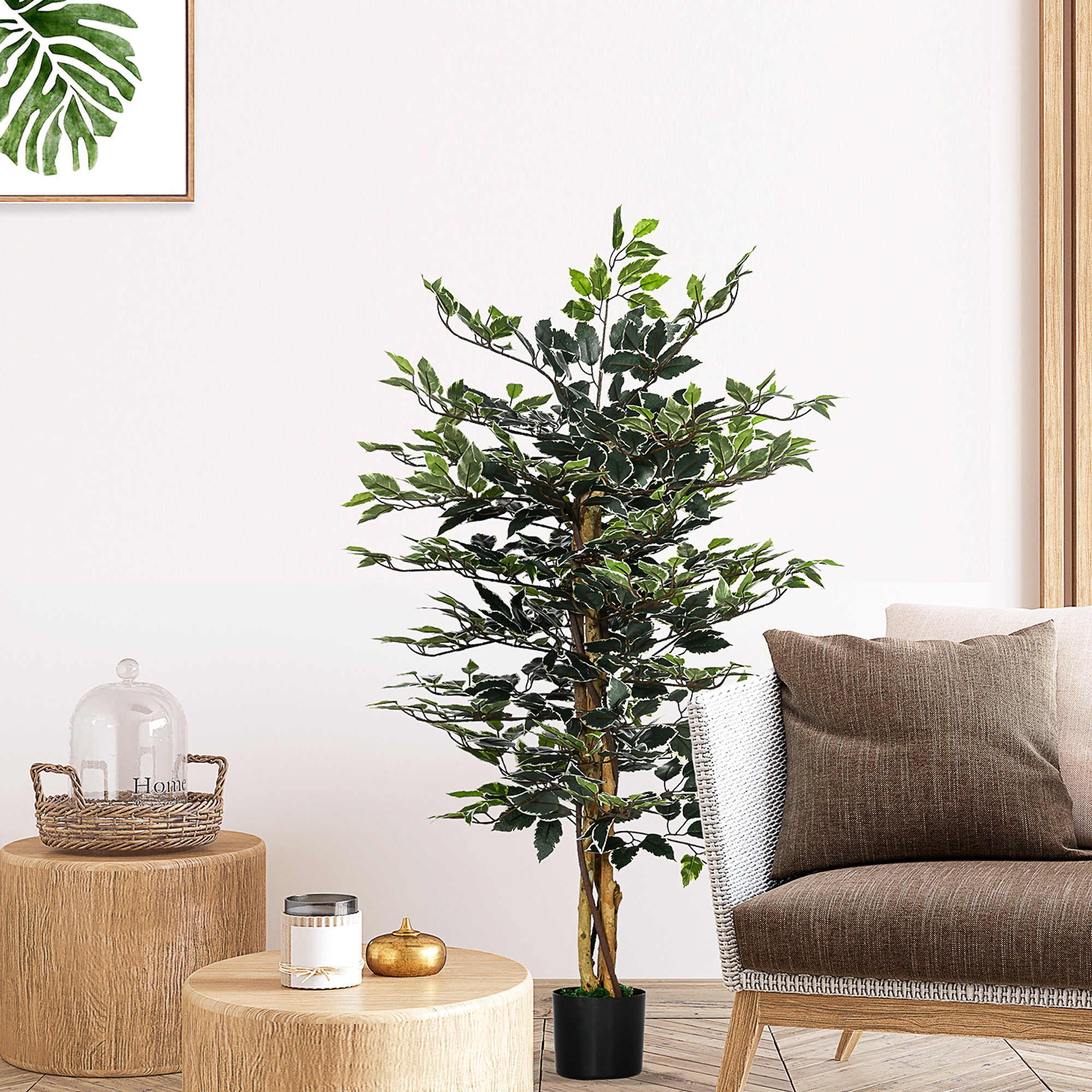 HOMCOM 4.5ft Ficus Artificial Plant with Realistic Leaves, Potted Fake Tree for Home Office Indoor Decor, Green