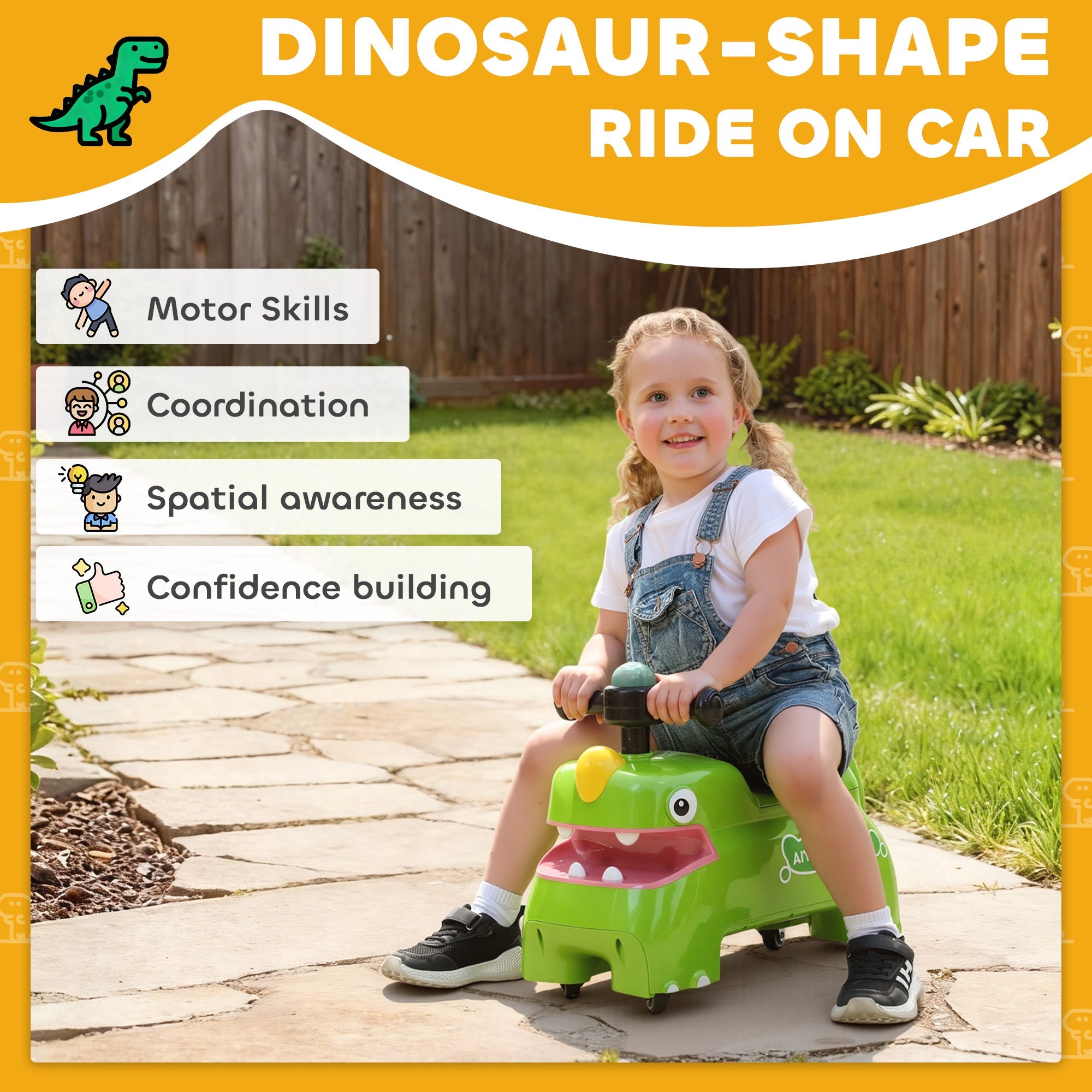 AIYAPLAY Kids Ride On Car, Dinosaur Foot to Floor Slider with Storage, Toddler Walker with Light, Sounds, Green