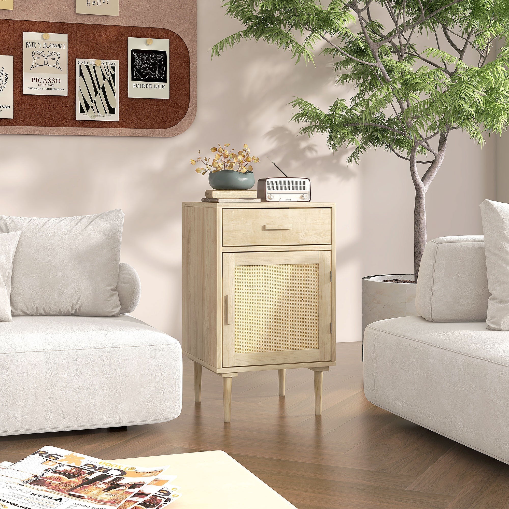 HOMCOM Bedside Table, Rattan Side Tables with Drawer, Cabinet and Adjustable Shelf, Boho Bedside Cabinet with Storage for Bedroom, Living Room, Natural Wood Effect