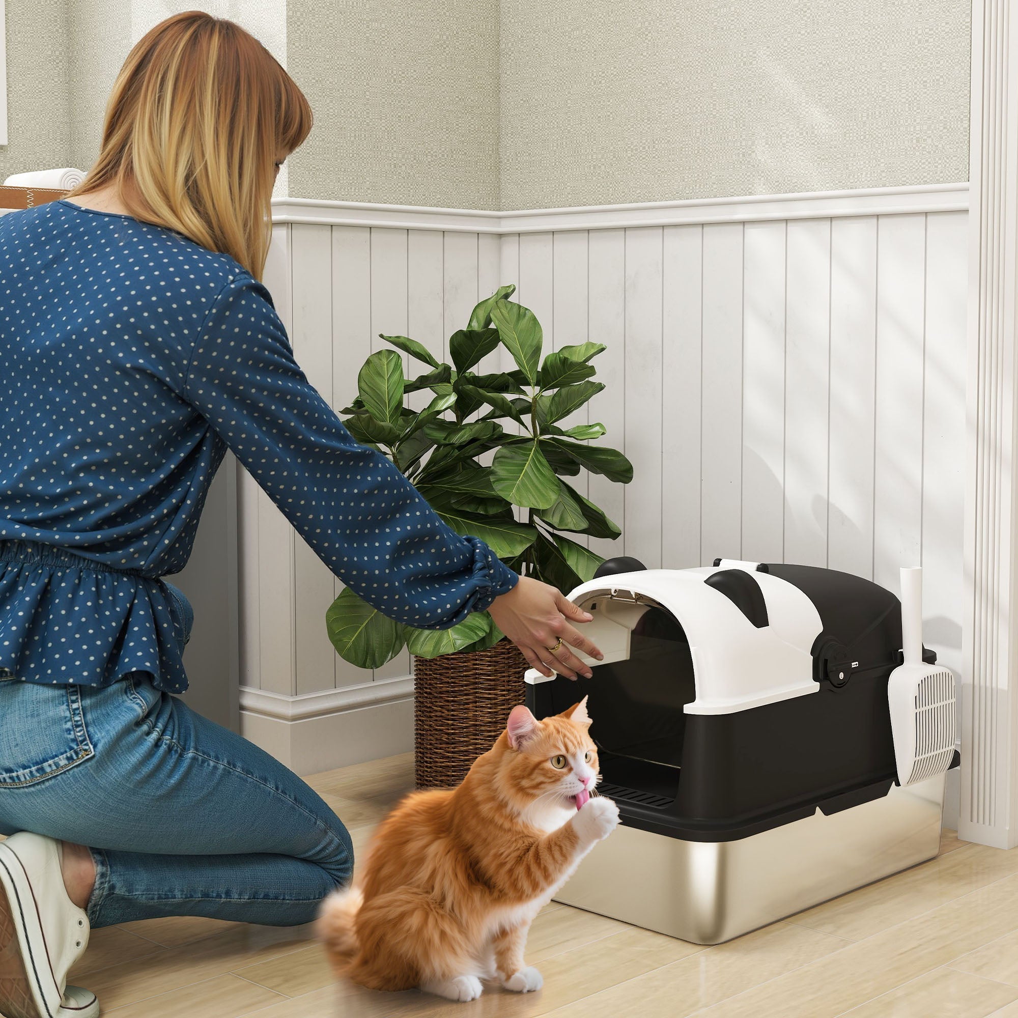 PawHut Panda Style XL Stainless Steel Cat Litter Box with Lid, Enclosed Kitty Litter Box with Scoop, 60 x 40 x 45 cm