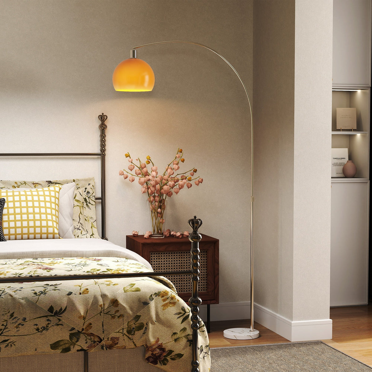 HOMCOM Floor Lamp for Living Room, Modern Standing Lamp with Shade & Foot Switch for Bedroom, Office, Orange