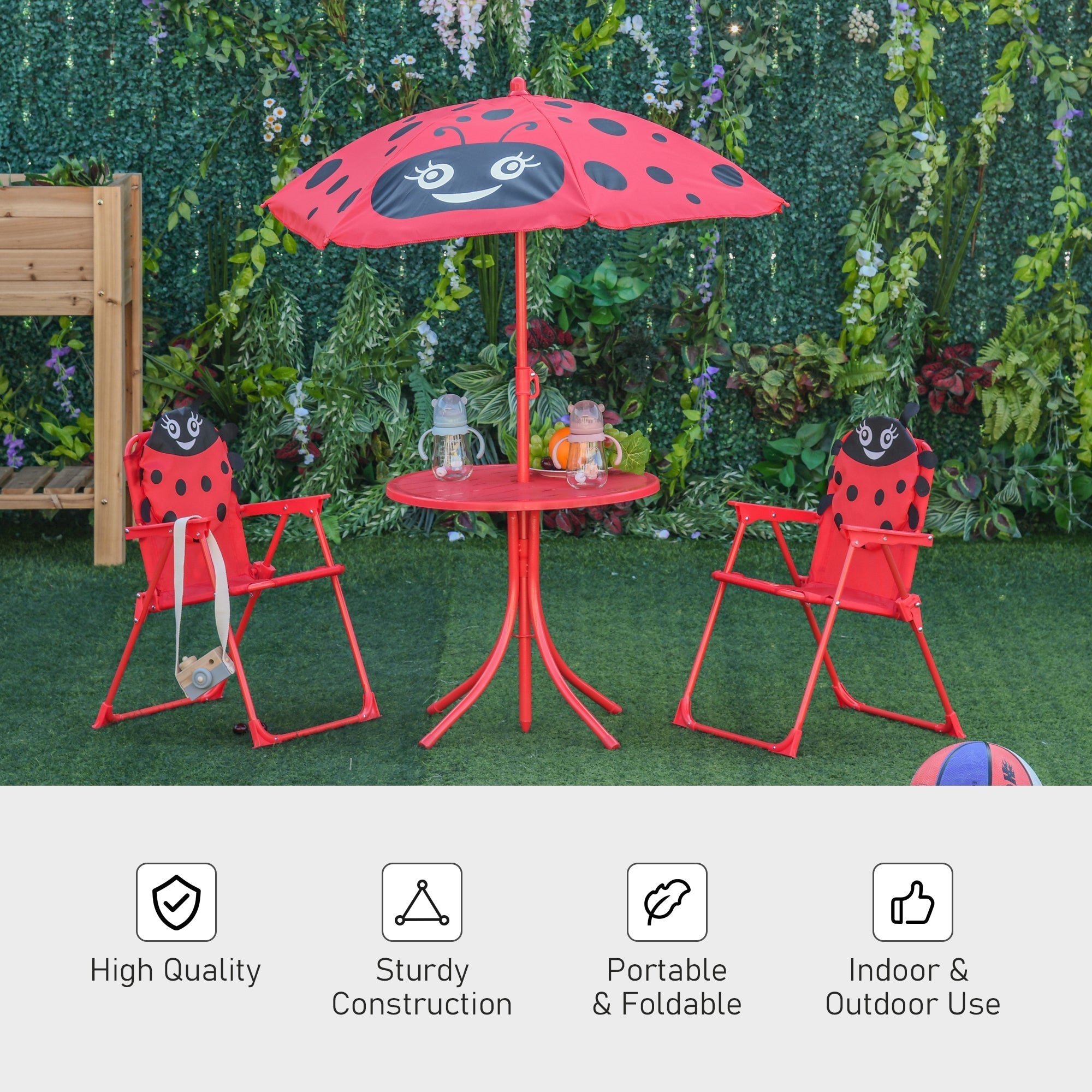 Outsunny Kids Folding Picnic Table Chair Set w/ Parasol, Red