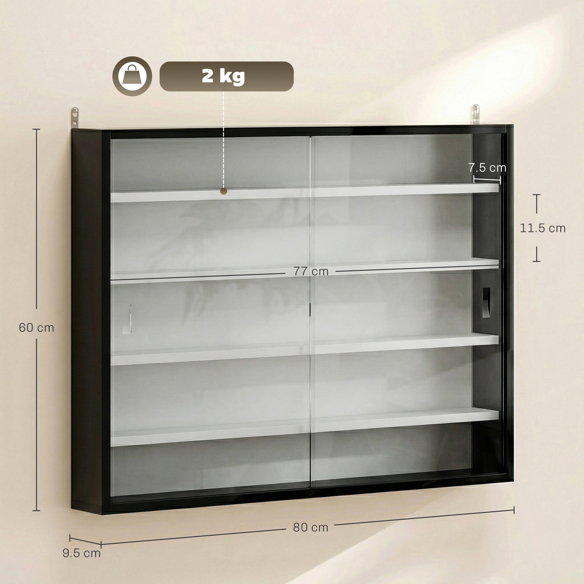 HOMCOM 5-Tier Wall Display Cabinet,  Wall Mounted Display Case w/ 4 Adjustable Shelves, Glass Doors, 60x80cm, Black and White