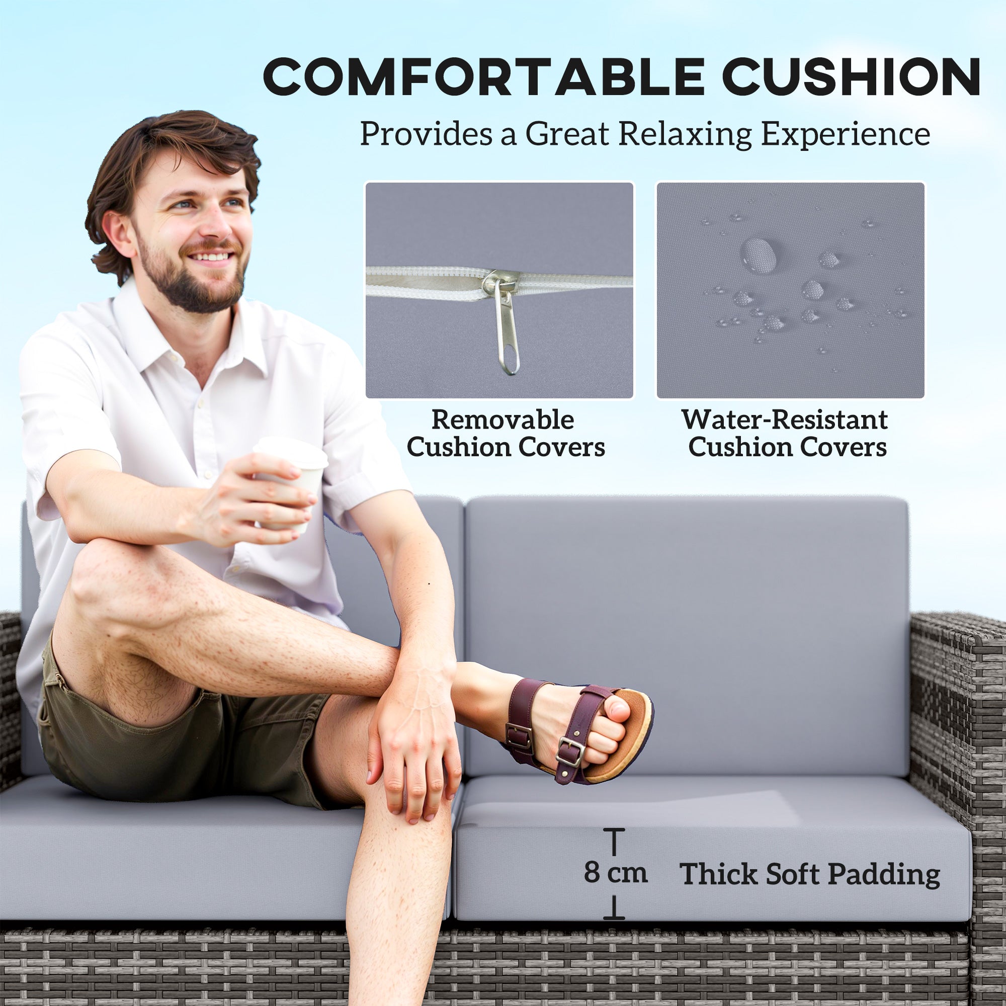 Outsunny Rattan Sofa, 2 Seater Garden Furniture with Soft Padded Cushion and Armrests, Wicker Garden Loveseat for Patio, Mixed Grey