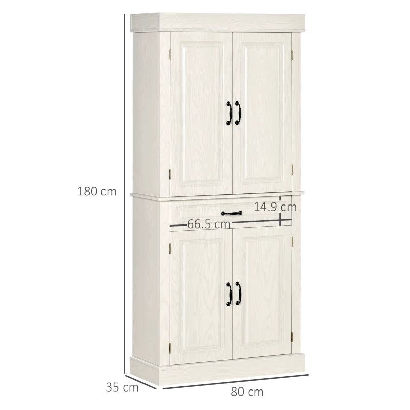 Kitchen Cupboard with 4 Doors, Wide Drawer and Shelves, 180cm, White Wood Grain