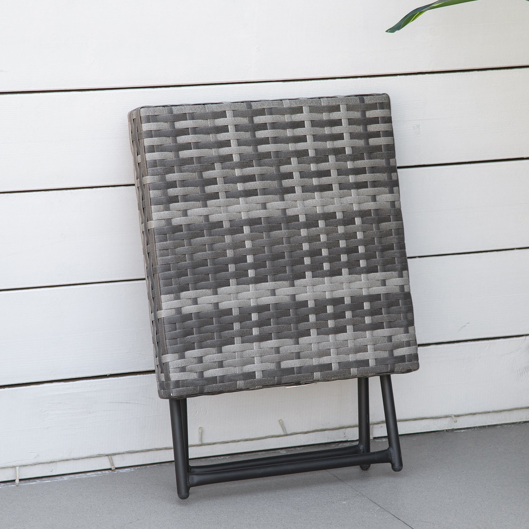 Outsunny Square PE Wicker Rattan Folding Table,Weather Resistant Wicker Weave Side Table with Steel Frame, Grey