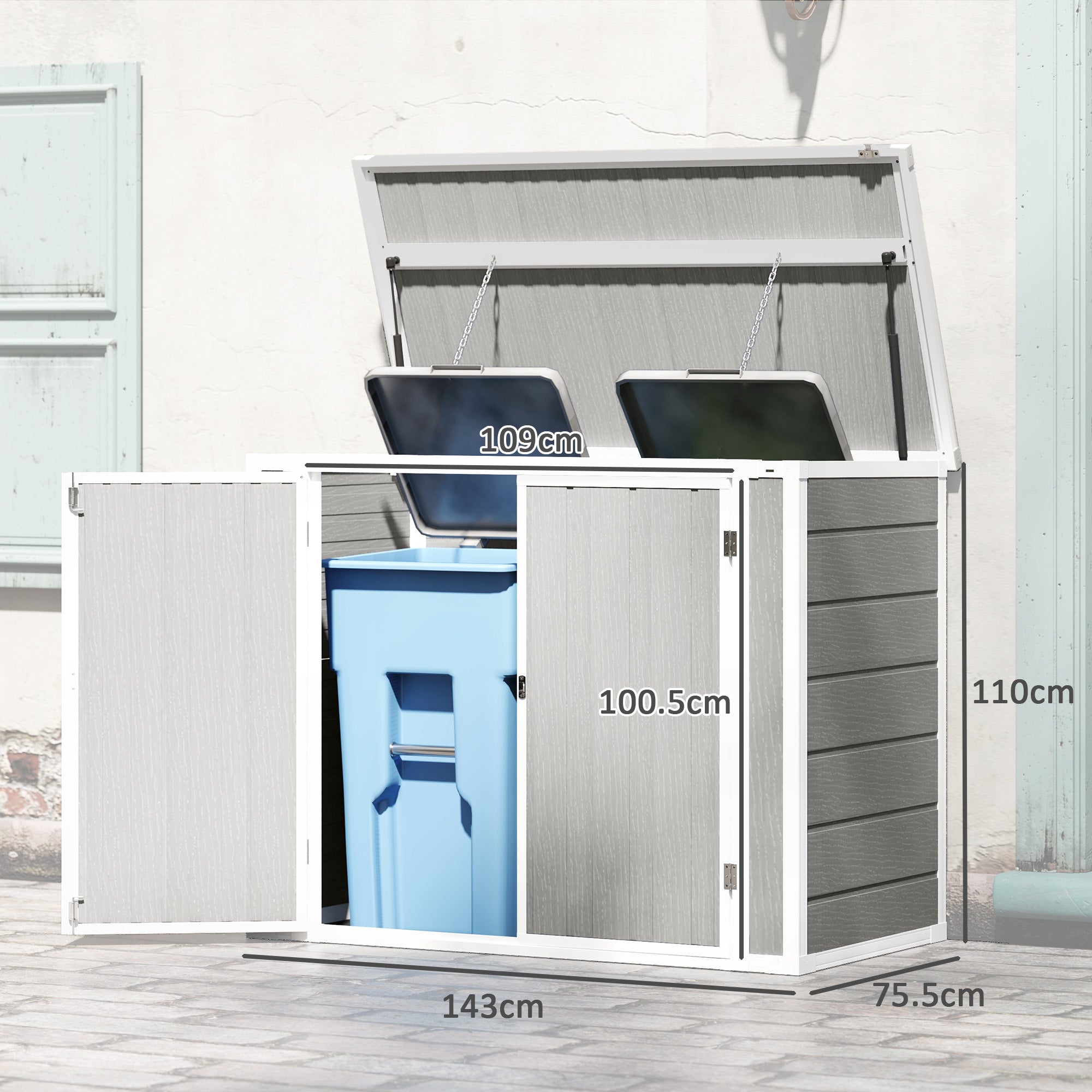 Outsunny 4.7 x 2.5FT Garden Shed, Lockable Outdoor Storage with Openable Lid, Small Shed for 2 Trash Cans, Tools, Patio, Light Grey