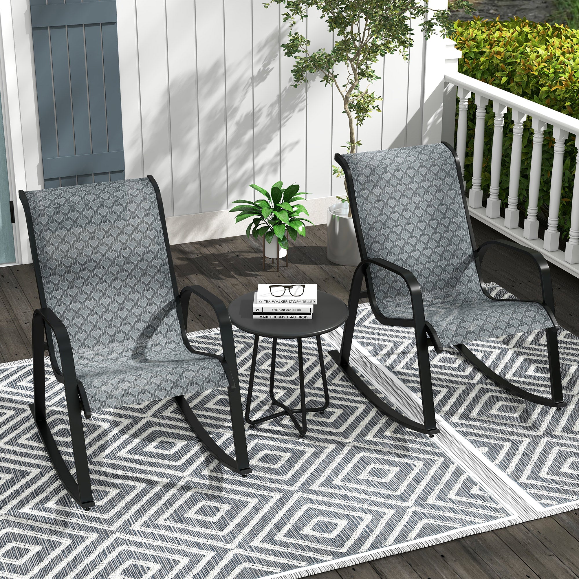 Outsunny 3 Piece Outdoor Rocking Set with 2 Armchairs and Metal Top Coffee Table, Patio Bistro Set with Curved Armrests, Breathable Mesh Fabric Seat for Garden, Deck, Mixed Grey