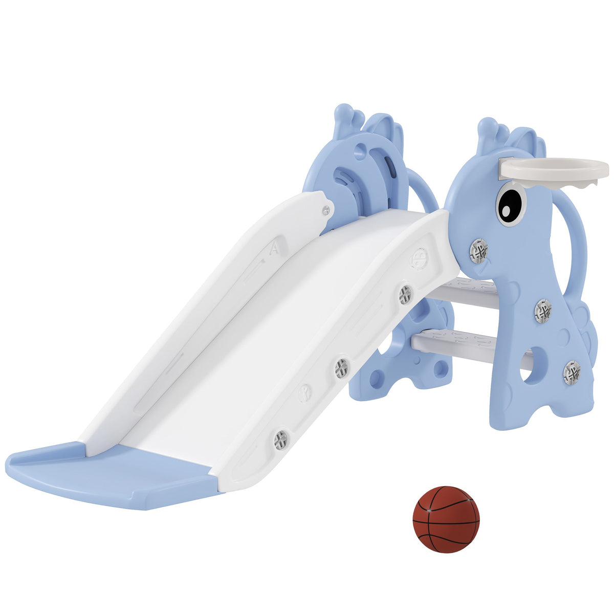 AIYAPLAY 3 in 1 Kids Slide with Climber, Basketball Hoop and Ball, Giraffe Shape Climber Slide for Indoor Kids Age 1-3, Blue
