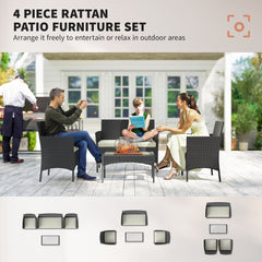 Outsunny 4 Piece Rattan Garden Furniture Sofa Set with Loveseat, Armchairs, Glass-Top Coffee Table and Cushions, Cream White
