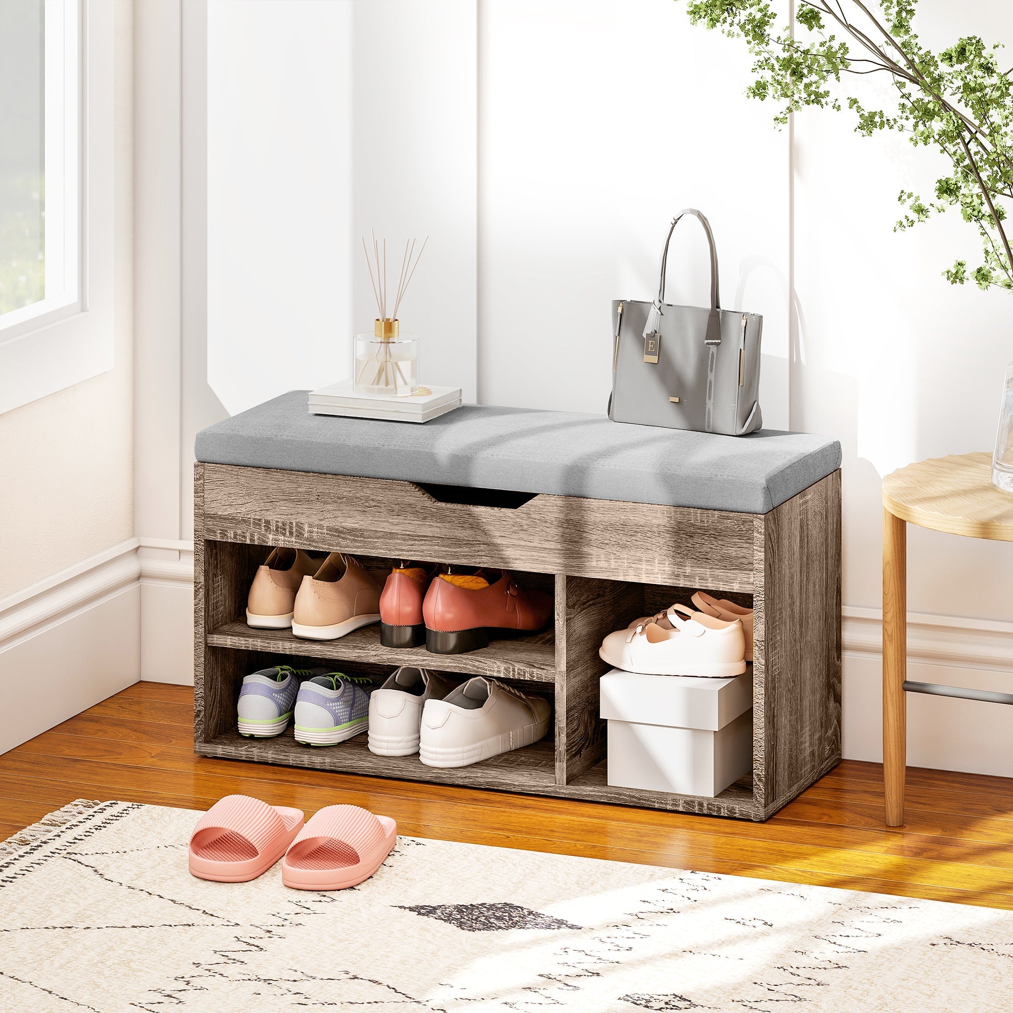 HOMCOM Shoes Cabinet Bench Hidden Storage Padded Seat Organiser Footwear Rack Hallway Grey Wood Grain