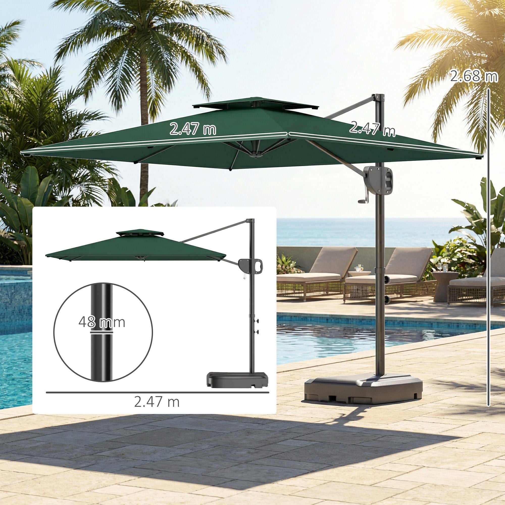Outsunny Cantilever Parasol with Weighted Base Double Top Garden Parasol Square Hanging Patio Umbrella with Crank Tilt Dark Green