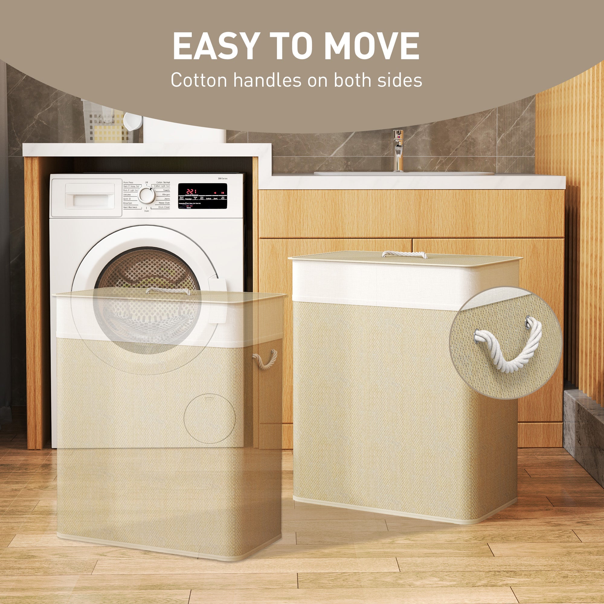 HOMCOM Double Laundry Basket with Lid, 100L Bamboo Laundry Hamper with Rope Handles, Washing Basket with Removable Liner for Bathroom, Bedroom, Cream White