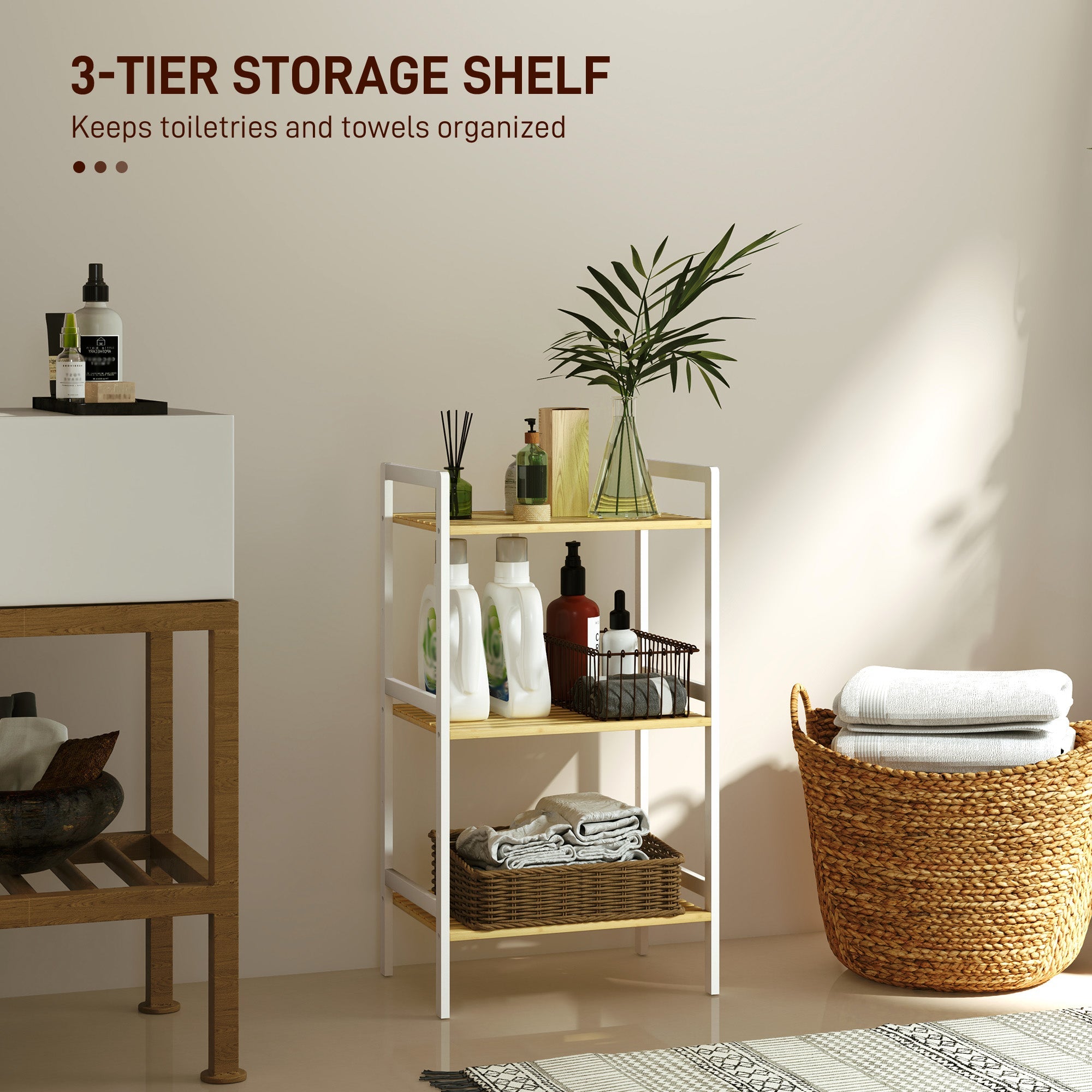 HOMCOM Three-Tier Bamboo Adjustable Shelf Storage Unit