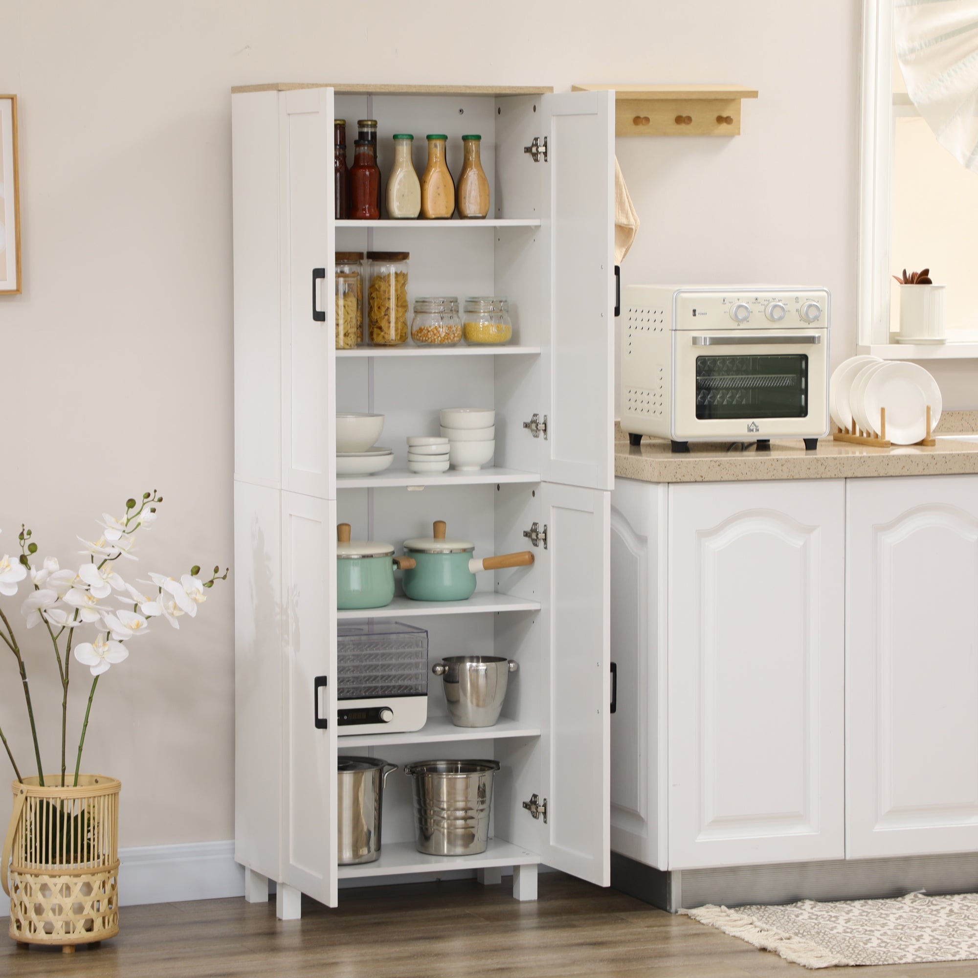 HOMCOM Freestanding Kitchen Cupboard, 4-Door Storage Cabinet Organizer with Adjustable Shelves White
