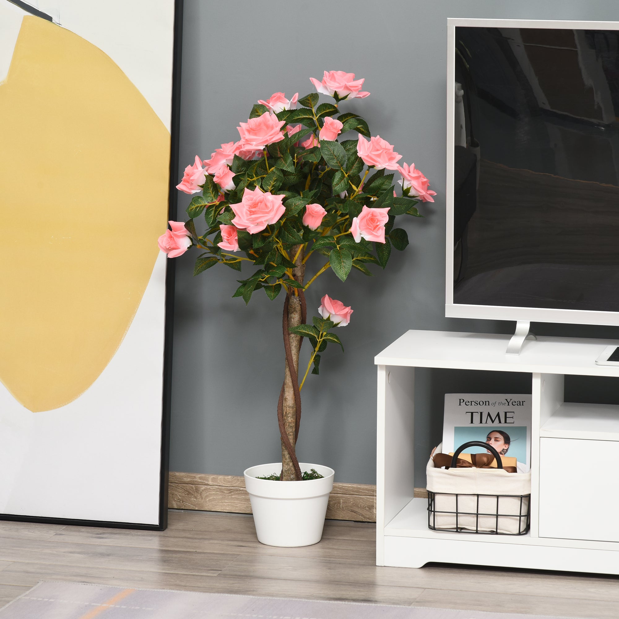 Outsunny Artificial Plants Pink Rose Floral in Pot, Fake Plants for Home Indoor Decor, 90cm