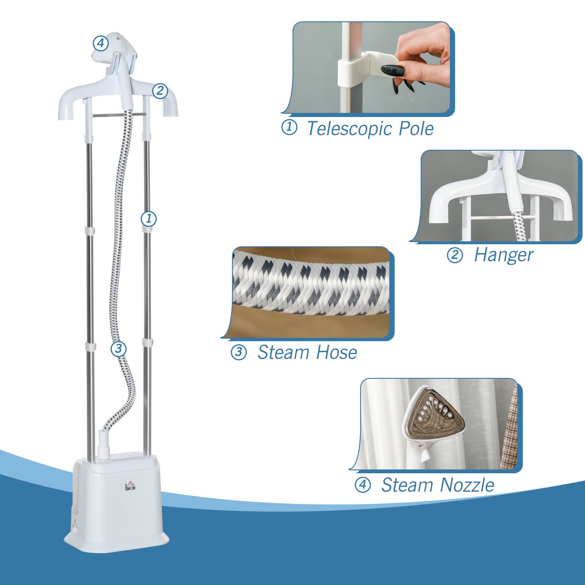 HOMCOM Upright Garment Clothes Steamer with 6 Steam Setting, 45s Fast Heat-up, 1.7L Water Tank and 35g/min steam flow, Wrinkle and Odour Remover Suitable for all Fabrics, 1960W, White