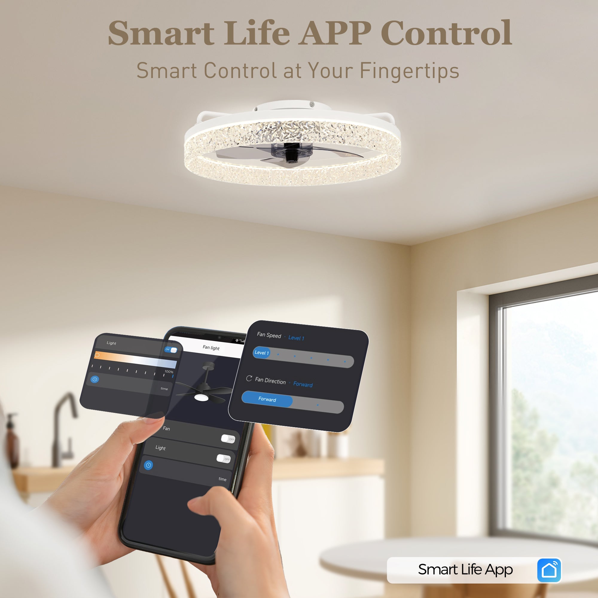 HOMCOM Ceiling Fan with Lights, Dimmable LED Mount Ceiling Fan Light with Remote App Control for Bedroom, White