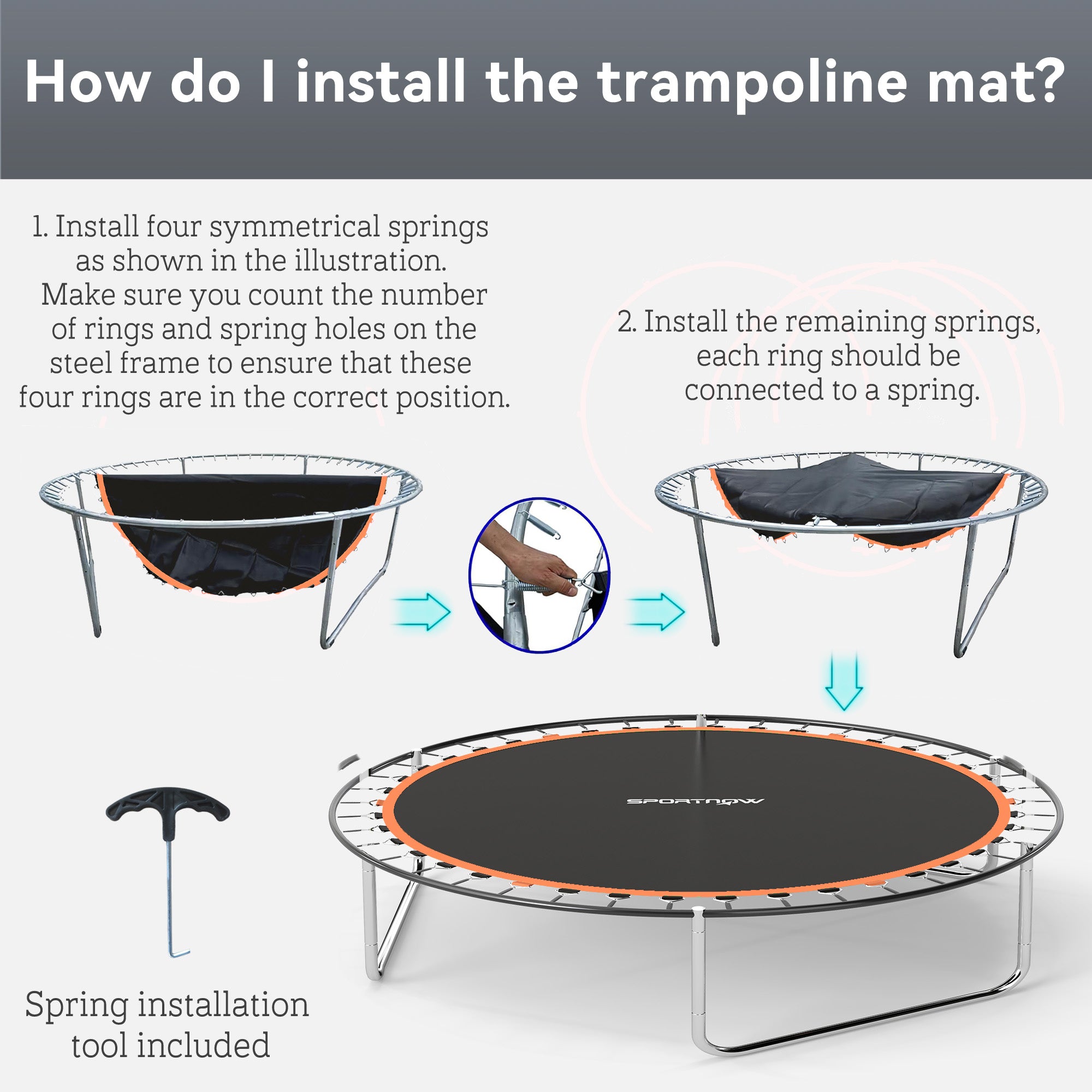 SPORTNOW Trampoline Replacement Mat with Spring Pull Tool, 54 V-Hooks, for 10ft Trampoline using 14cm Springs, Orange
