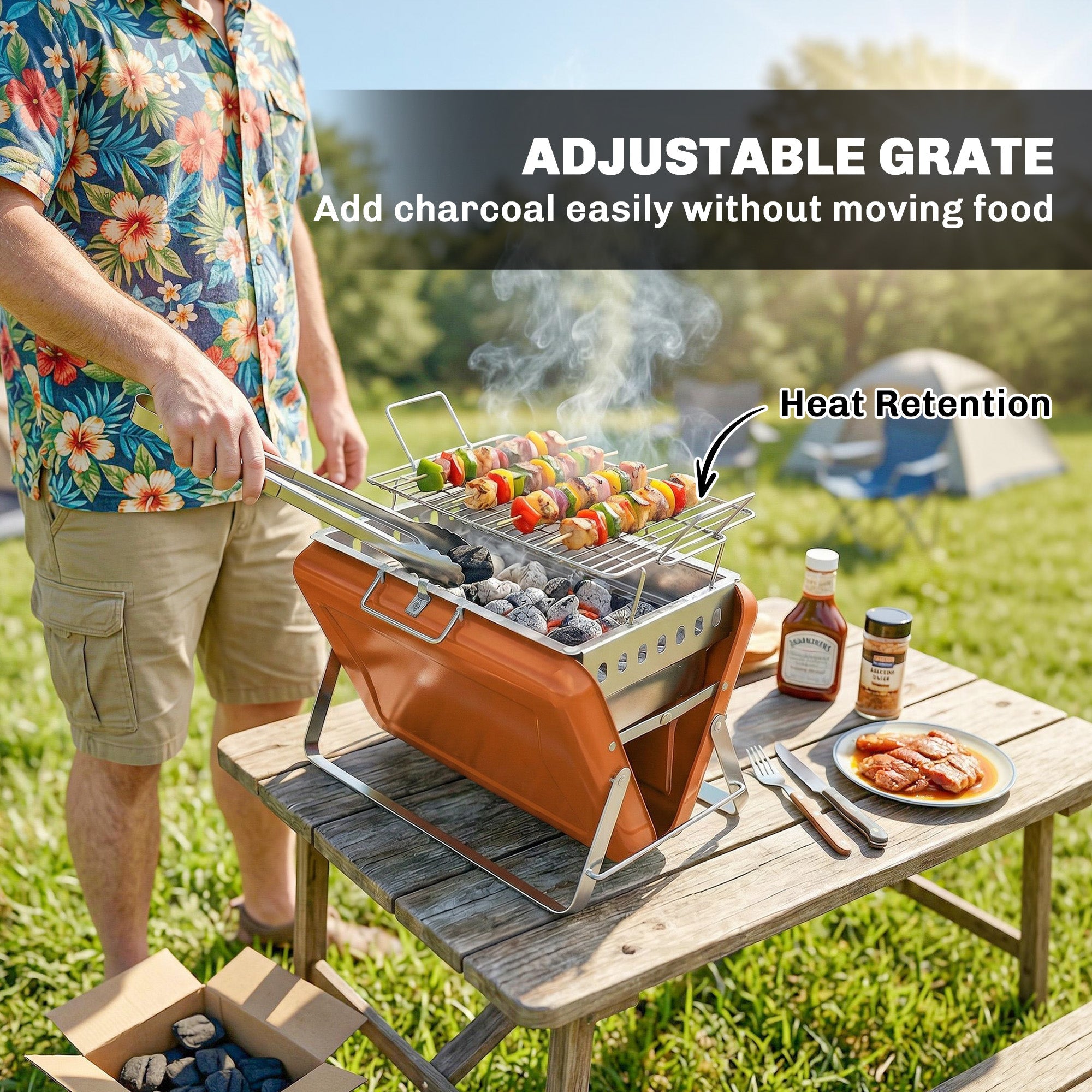 Outsunny Charcoal BBQ Grill Portable Stainless Steel Barbecue with Tilting Grate for Camping Picnic Garden Orange