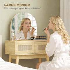 HOMCOM Dressing Table, Compact Vanity Desk with Mirror and 2 Drawers, Natural Wood Finish