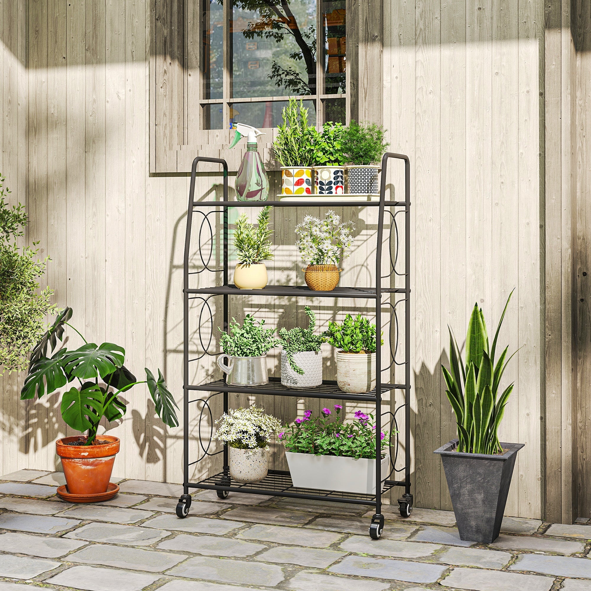 Outsunny 4-Tier Metal Plant Stand, Heavy Duty Ladder Shelf Potted Plants Display Rack with Lockable Wheels