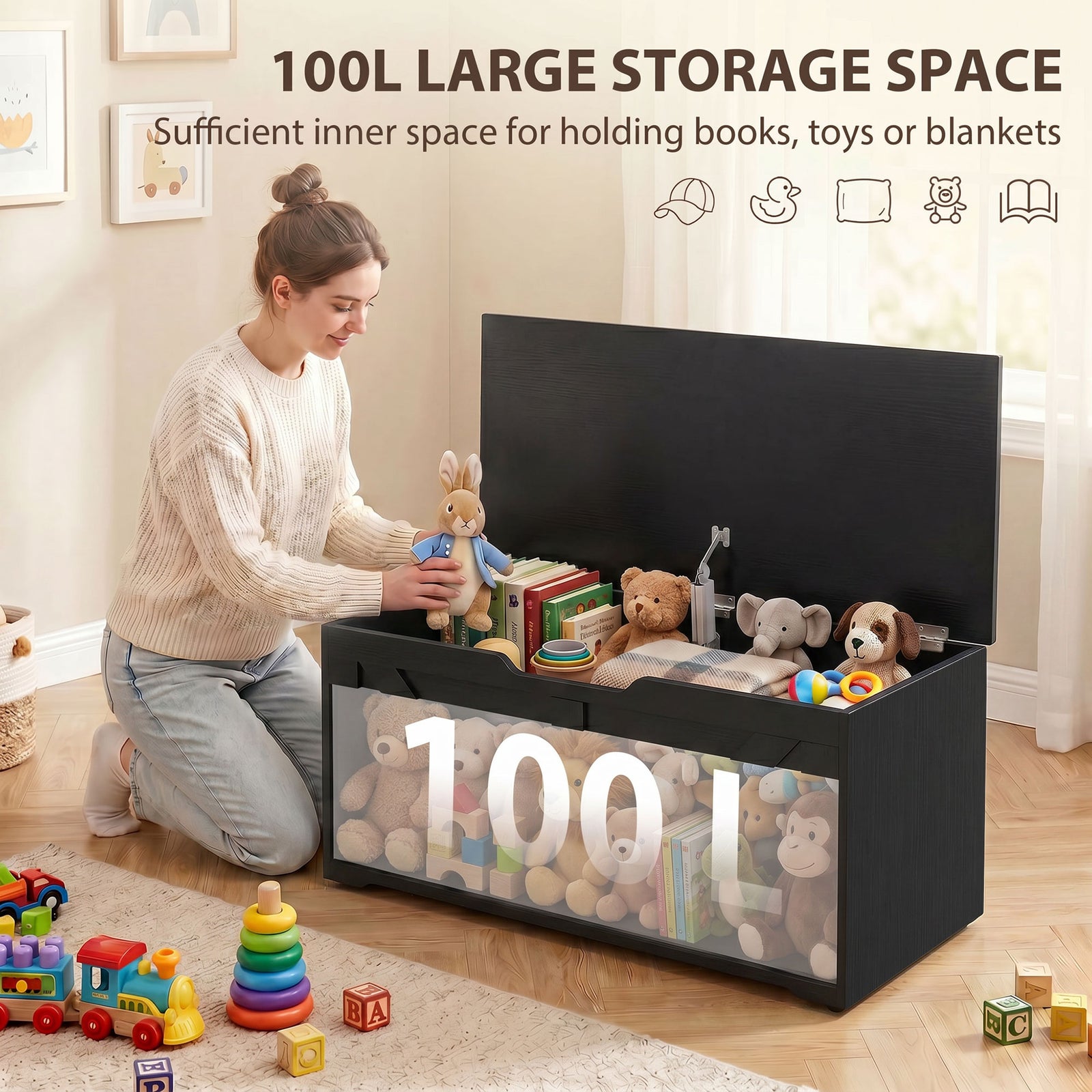 HOMCOM 100L Home Storage Box, with Safety Hinge - Black Wood-Effect