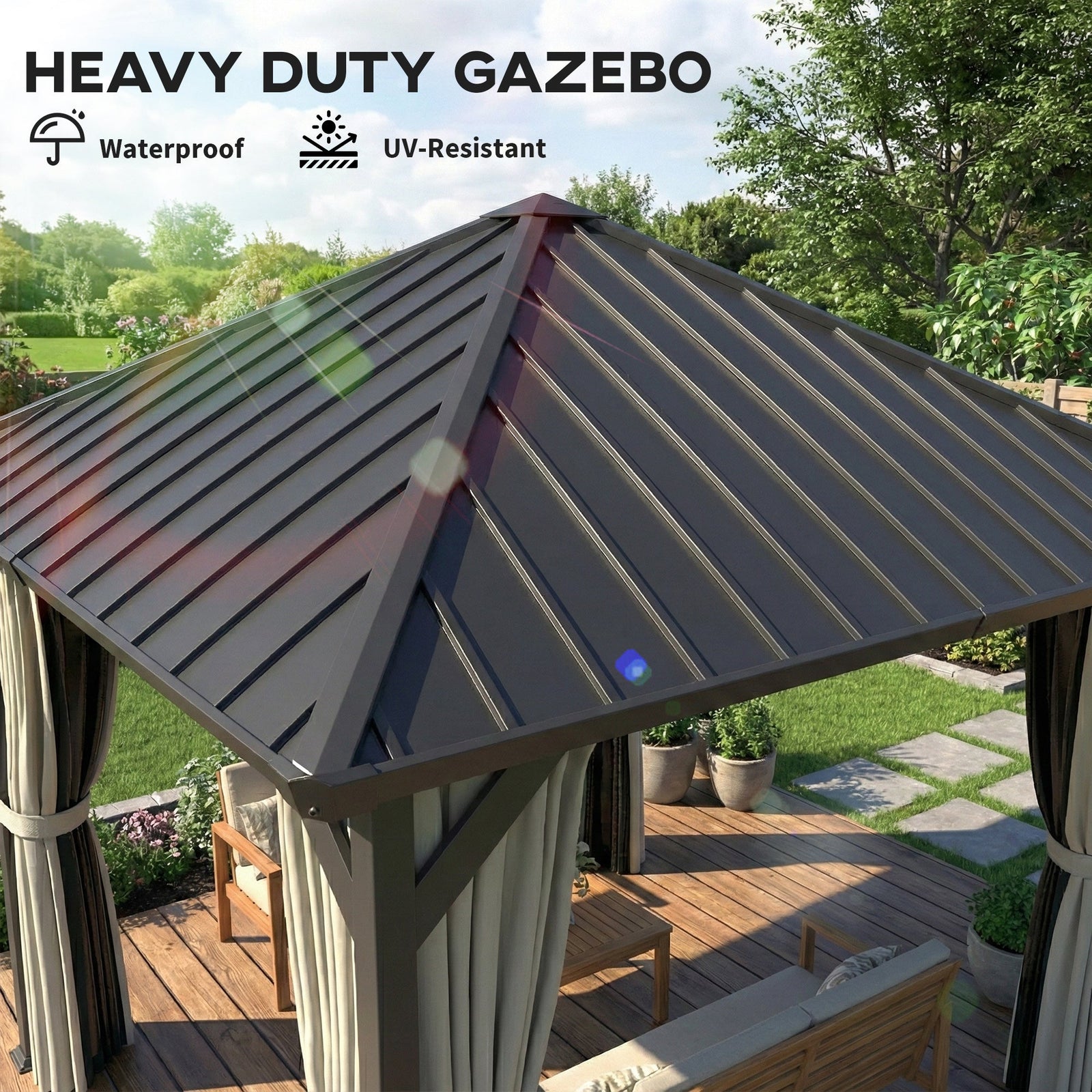 Outsunny 3 x 3(m) Hardtop Gazebo with Galvanised Steel Roof and Water Gutter, Waterproof Permanent Pavilion Garden Gazebo with Netting and Curtains for Patio, Deck, Black