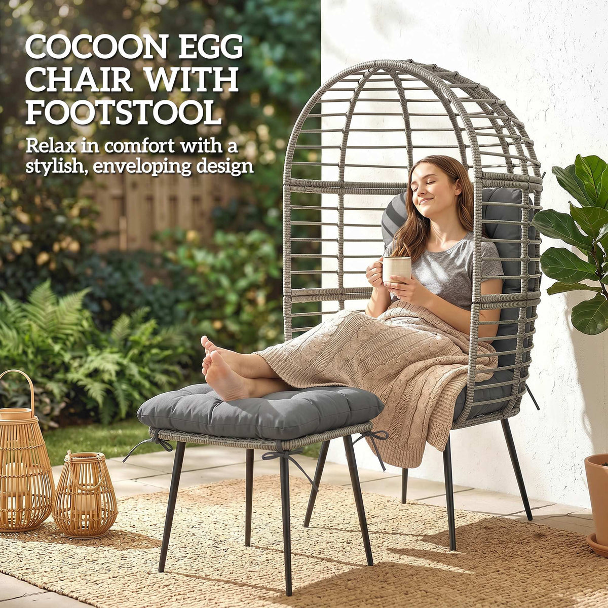 Outsunny Garden Egg Chair with Footstool, Rattan Indoor Outdoor Lounge Chair and Ottoman Set with Thick Cushions, Light Grey