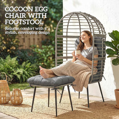 Outsunny Garden Egg Chair with Footstool, Rattan Indoor Outdoor Lounge Chair and Ottoman Set with Thick Cushions, Light Grey