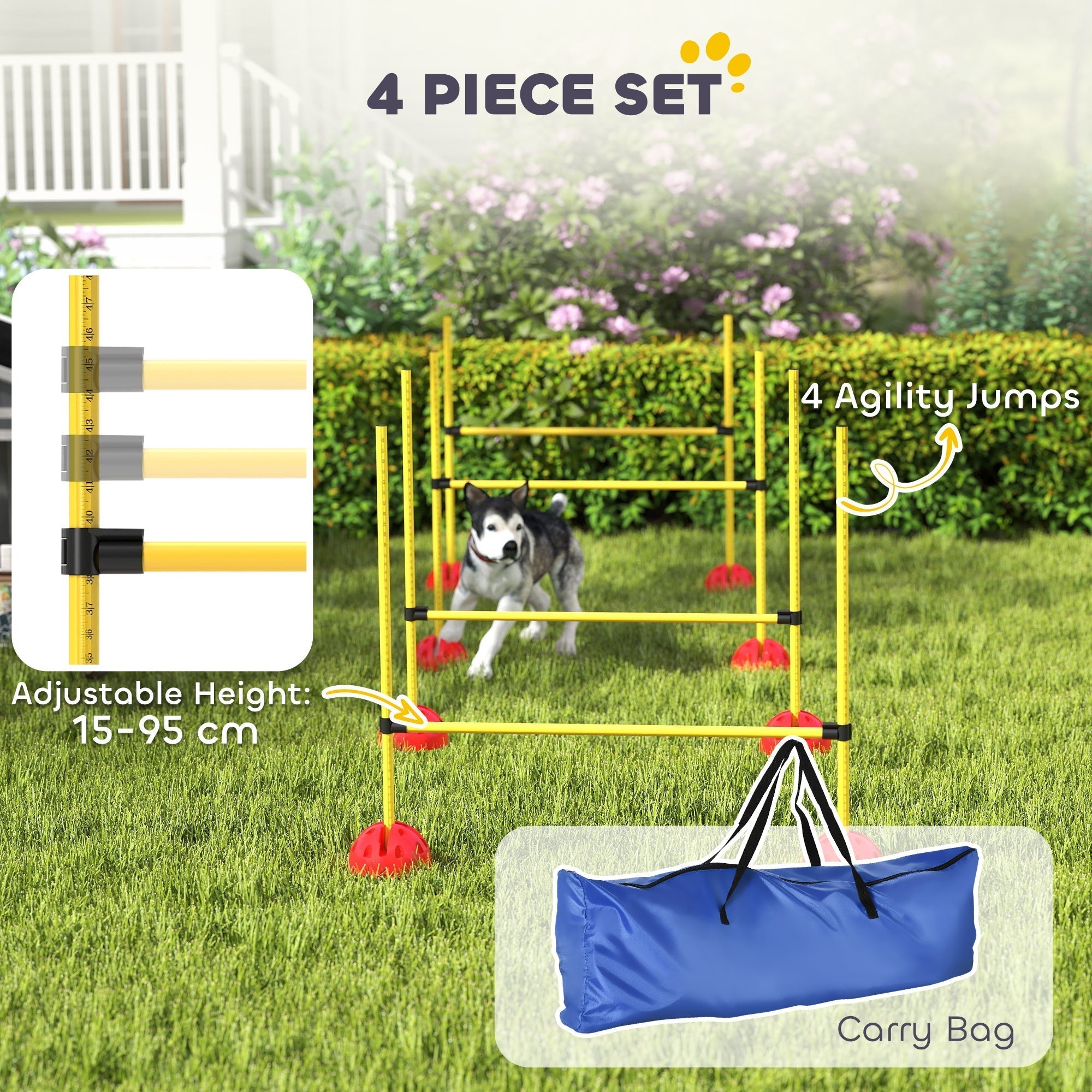 PawHut 4-piece Dog Agility Equipment with 4 Hurdles, Bag for Jump, Training, Yellow