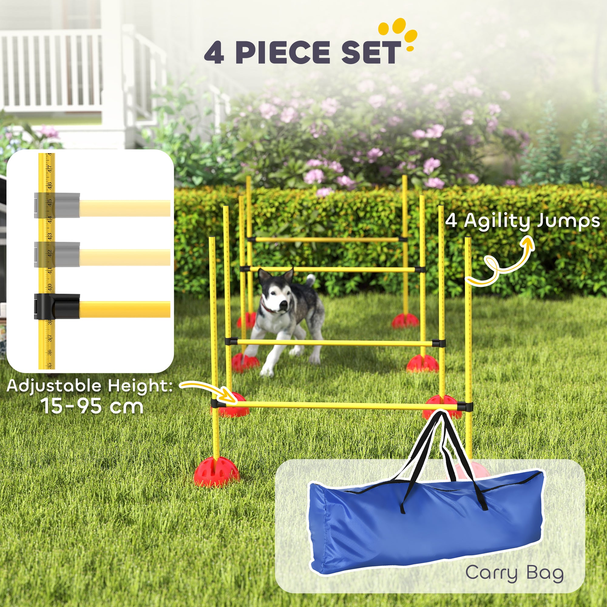 PawHut 4-piece Dog Agility Equipment with 4 Hurdles, Bag for Jump, Training, Yellow