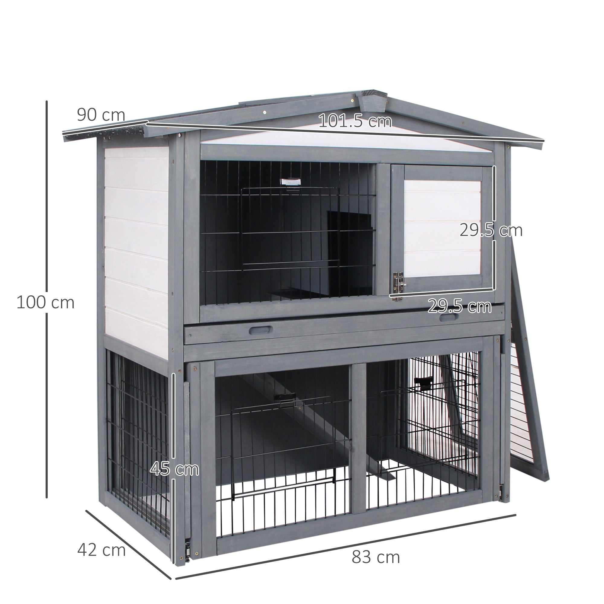 PawHut Rabbits 2-Tier Fur Wood Outdoor Hutch Guinea Pigs Hutches Grey