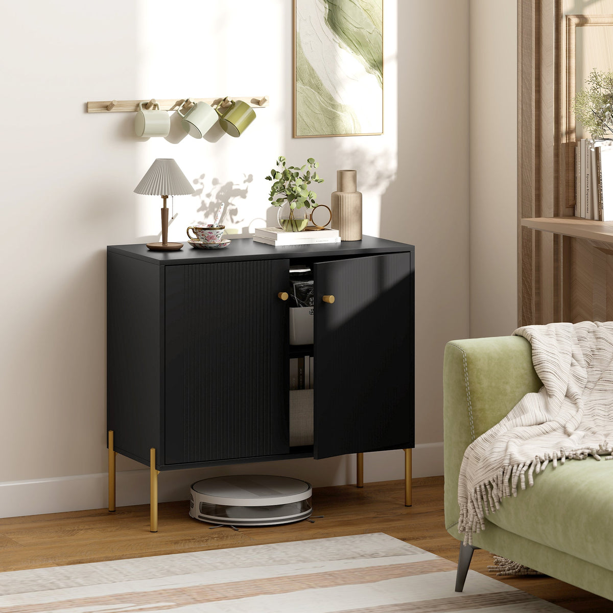 HOMCOM Sideboard Buffet Cabinet, Coffee Bar Cabinet with Fluted Doors and Adjustable Shelf, Black