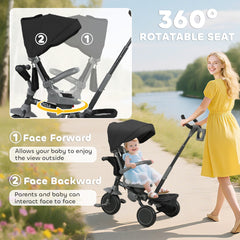 AIYAPLAY 6 in 1 Foldable Kids Trike with Adjustable Parent Handle & Canopy for Ages 1-5, Black