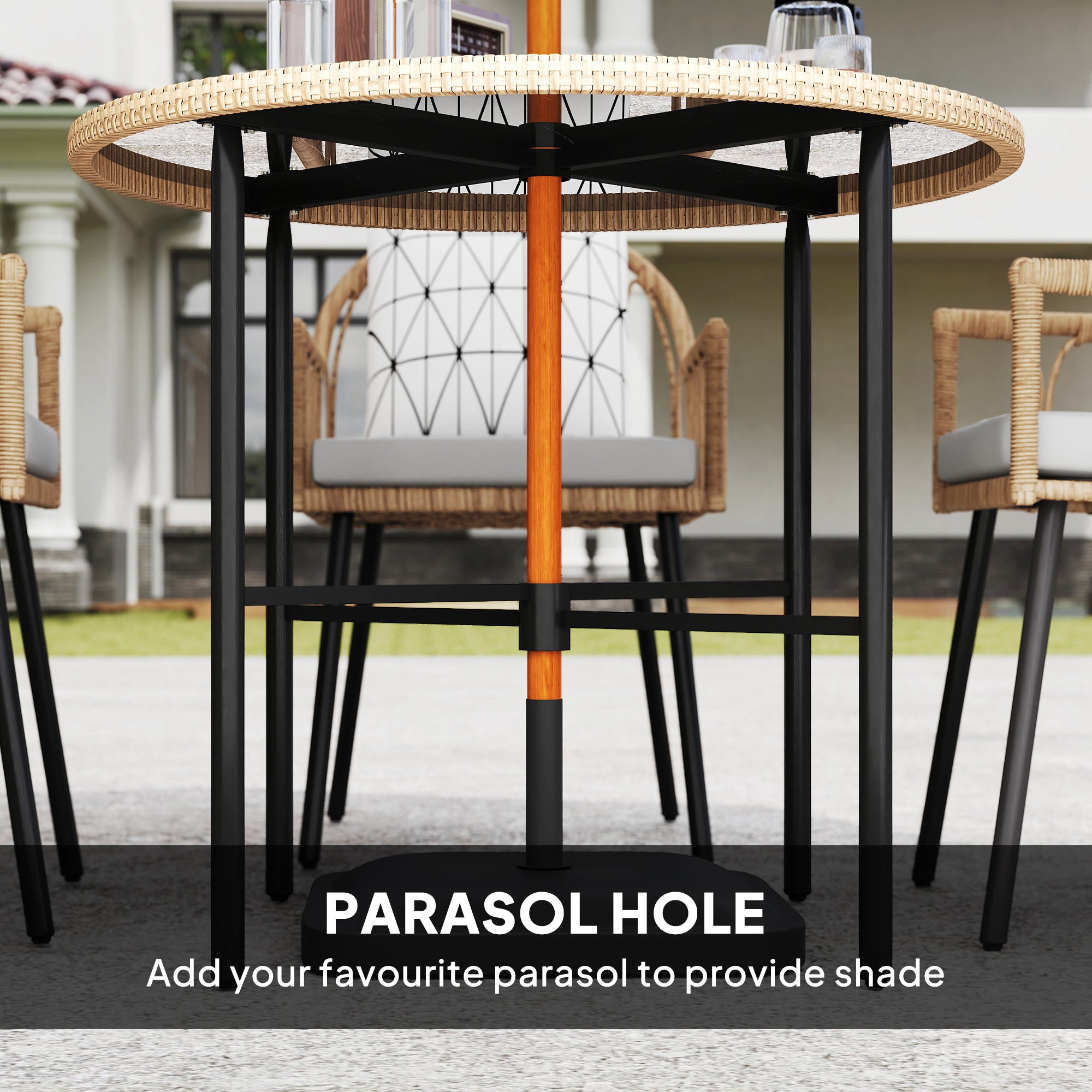 Outsunny 5 Piece Patio Rattan Dining Set, Wicker Garden Table and Chairs w/ Removable Seat & Back Cushions, Round Tempered Glass Tabletop, Parasol Hole, Outdoor Furniture Conservatory Set, Light Brown