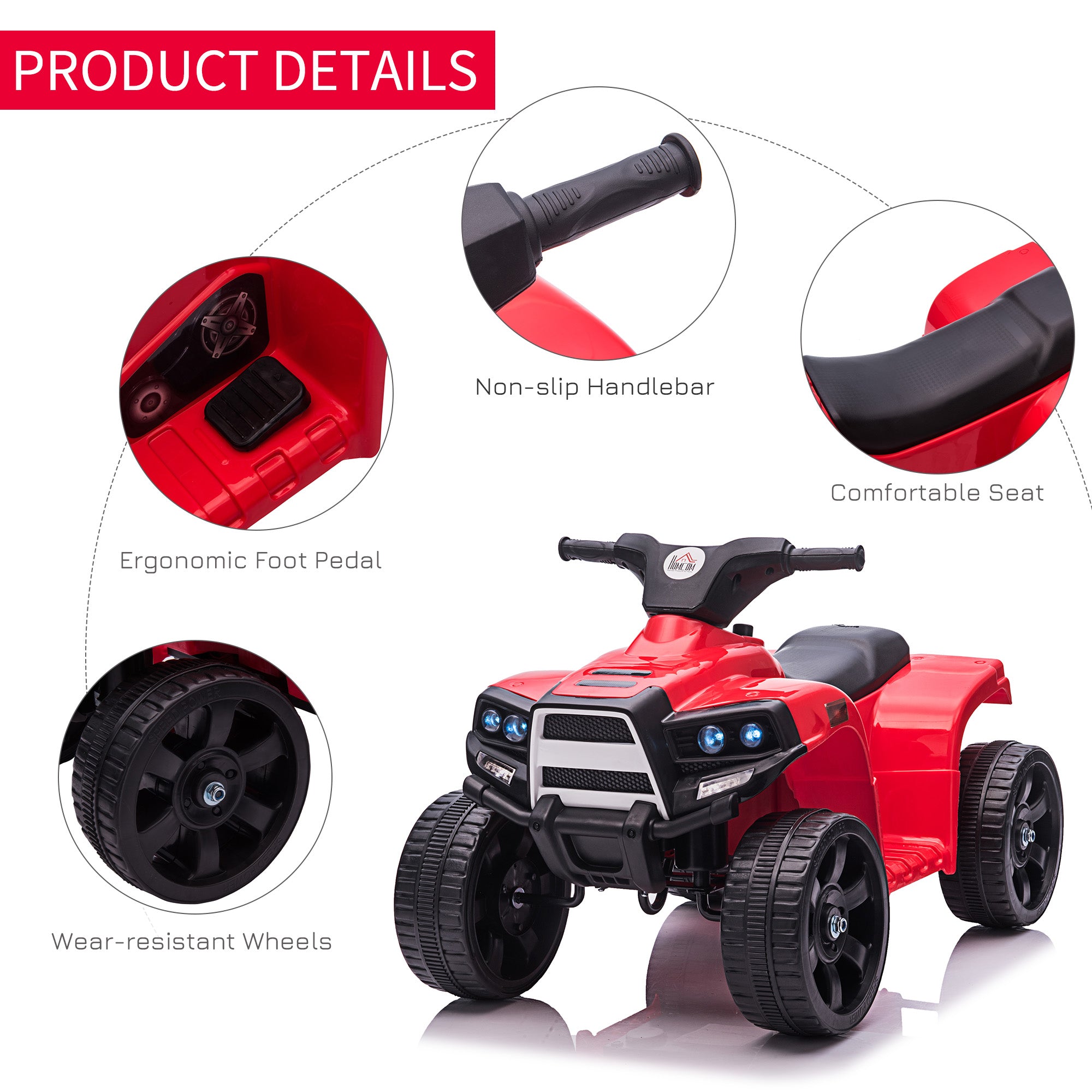 HOMCOM 6V Kids Electric Ride on Car, ATV Toy, Quad Bike with Headlights, Horn, for Toddlers 18-36 Months Red