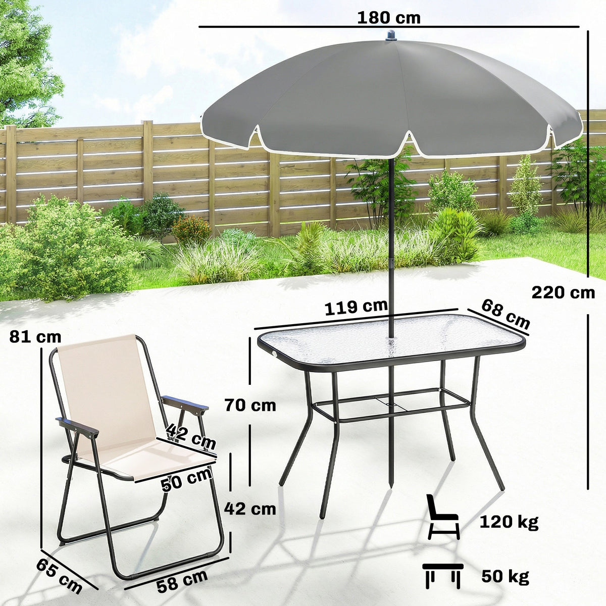 Outsunny 8 Piece Garden Dining Set with Umbrella Garden Furniture Set with 6 Folding Chairs, Tempered Glass Table for Patio Cream