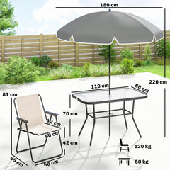 Outsunny 8 Piece Garden Dining Set with Umbrella Garden Furniture Set with 6 Folding Chairs, Tempered Glass Table for Patio Cream